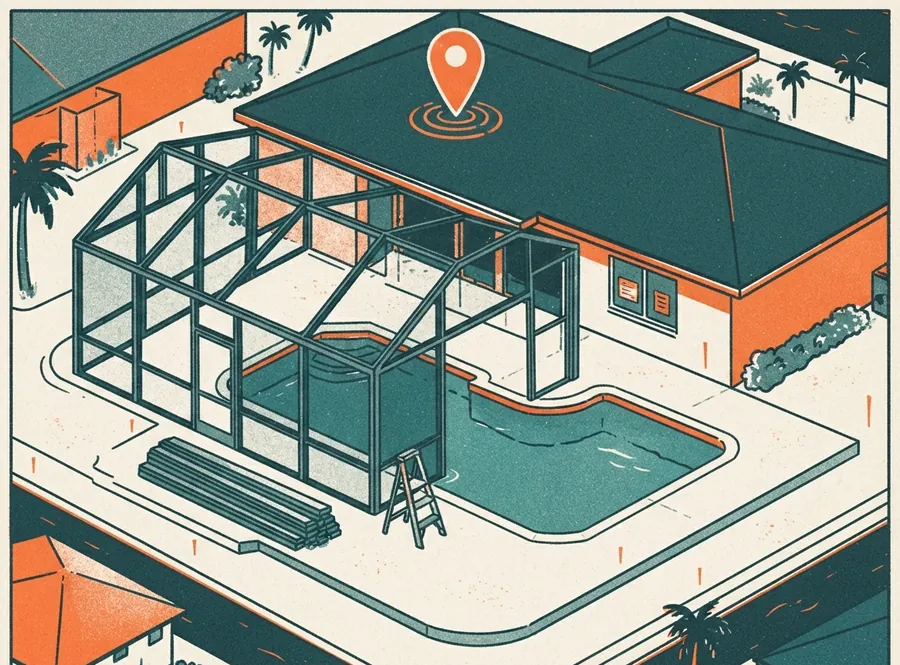 Illustration of a screened pool cage half built over a new pool