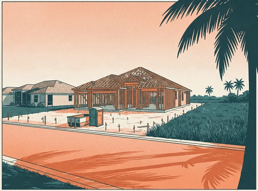 Illustration of a new house framed in wood on a fresh slab between finished homes