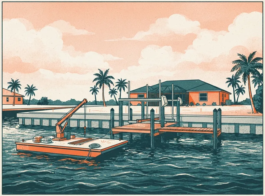 Illustration of a new seawall and dock being built on a Cape Coral canal